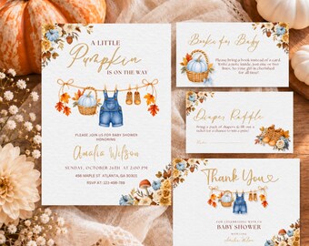 A Little Pumpkin Baby Shower Invitation Suite, Blue Boho Fall Baby Shower Invite for Boy, Canva Template