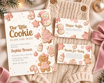 Our Little Cookie Baby Shower Invitation Set, Pink Gingerbread Girl Christmas Shower Bundle, Editable Canva Template