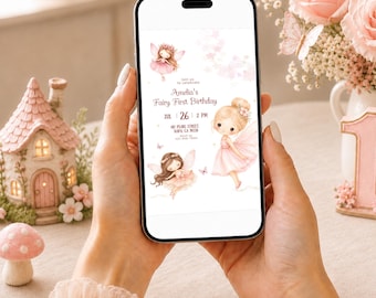 Fairy First Birthday Evite, Enchanted Garden Digital Invitation, Pink Whimsical Canva Template