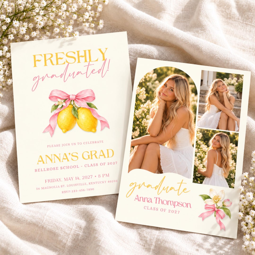 Pink Grad Invite Template Lemon Graduation Invitation With Photo, Freshly Graduated Pink Bow ...