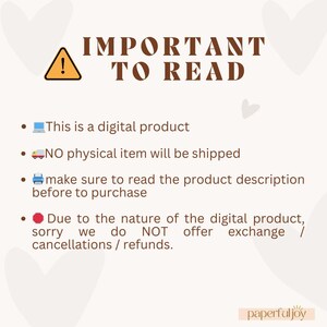 May include: A red warning sign with an exclamation point inside a white triangle. The text "IMPORTANT TO READ" is in brown letters. The text below the sign is a list of important information about digital products. The text reads: "This is a digital product. NO physical item will be shipped. Make sure to read the product description before to purchase. Due to the nature of the digital product, sorry we do NOT offer exchange / cancellations / refunds."