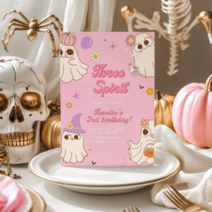 Editable Three Spirit Ghost Halloween Invitation Retro Groovy Pink 3rd Birthday Party Invite for Kids Halloween Celebration Template