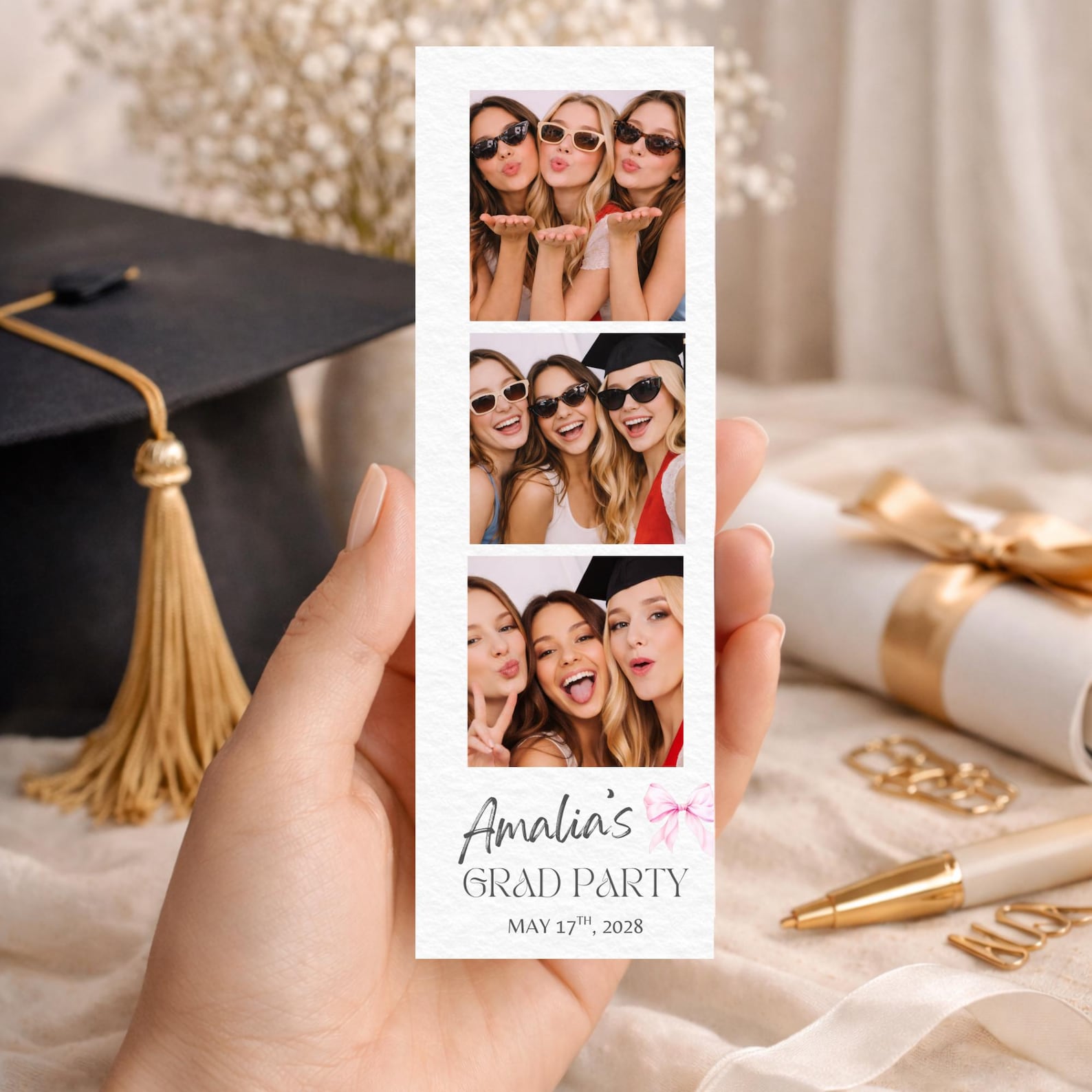 Graduation Photo Booth Strip Template, Pink Bow Coquette Canva Design
