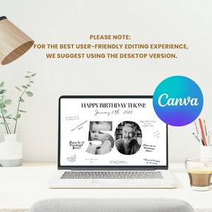 May include: A laptop displays a birthday card design with the text "HAPPY BIRTHDAY THOM!" and "January 27th, 2026." The number "50" is prominently featured with two black and white photos. A "Canva" logo is in the upper right.