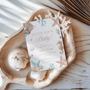 Sea You Soon Baby Shower Invite Under the Sea and Seashell Theme Coastal Beach Design Blue and Beige Boy Colors Summer Editable Template image 1