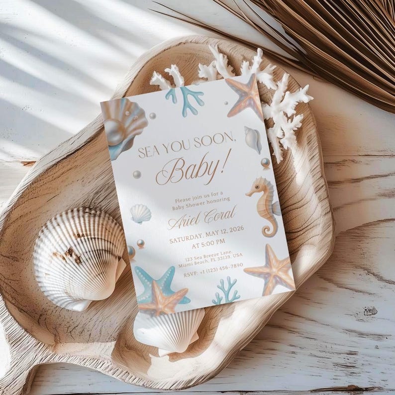 Sea You Soon Baby Shower Invite Under the Sea and Seashell Theme Coastal Beach Design Blue and Beige Boy Colors Summer Editable Template image 1