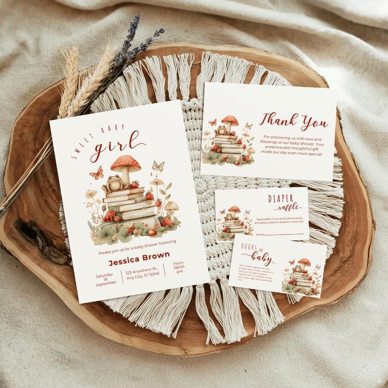Boho Mushroom Fall Baby Shower Invitation Set, Wildflower Frog & Mushroom, Storybook Shower Bundle, Printable Enchanted Forest Woodland image 3