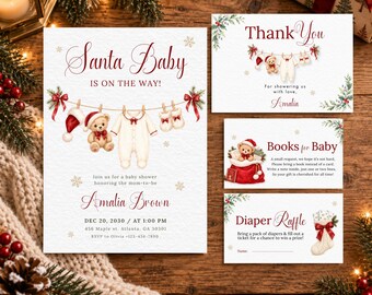 Santa Baby Shower Invitation Bundle, Christmas Clothesline Baby Shower Invite, Editable Canva Template