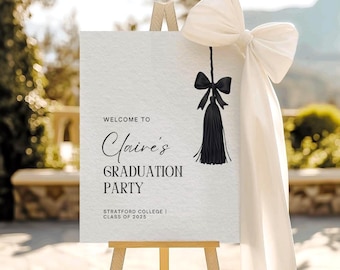 Graduation Party Welcome Sign, Black Bow Graduation Welcome Sign, Graduation Cap Tassel Sign, Editable Template, Instant Download