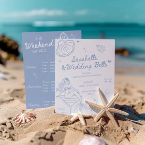 Invitación de despedida de soltera con conchas marinas y campanas de boda, último brindis en la costa, plantilla de invitación editable para despedida de soltera en la playa