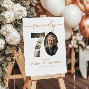 Look Who's 70 Welcome Sign | Editable 70th Birthday Poster | Custom Photo | Modern Black and Gold Birthday Decor | Digital Download Template