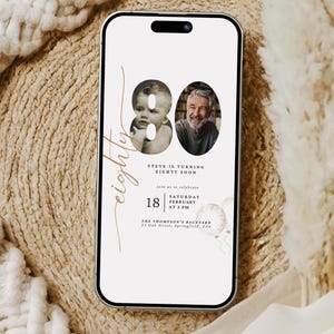 May include: A white and gold birthday invitation with a photo of a young boy and an older man. The invitation says "Steve is turning eighty soon" and includes the date and time of the party. The invitation also has a gold script font that says "eighty".