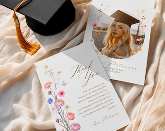 Wildflower Photo Graduation Thank You Card Template, Editable Boho Floral Grad Notes, Printable Digital Download