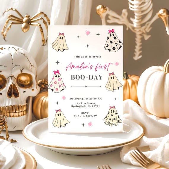 Little Boo First Halloween Birthday Invitation Spooky One 1st Birthday Invite Coquette Pink Bow Ghost Girl Birthday Editable Template