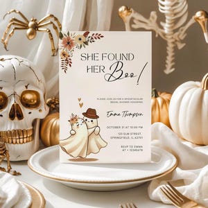 She Found Her Boo Bridal Shower Invitation Editable Halloween Invite Cute Ghost Couple Spooky Bride Template Printable Digital Bridal Shower