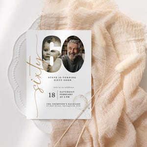 May include: A white invitation card with gold lettering announcing a 60th birthday party for Steve. The card features a photo of Steve as a child and a photo of Steve as an adult. The text on the card reads "Steve is turning sixty soon. Join us to celebrate Saturday, February 18 at 2 PM. The Thompson's Backyard, 23 Oak Street, Springfield, USA."