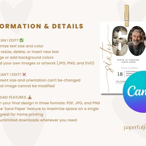 May include: Editable 60th birthday party invitation template with a gold script font and a photo of a man and a young boy. The text says "Steve is turning sixty soon" and includes the date and time of the party. The template is designed by Paperfuljoy and can be customized using Canva.