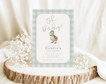 Mallard Duck Boy Baby Shower Invitation, Hunting Baby Shower Invite, Printable Duck Baby Shower Invite, Green Gingham Duck Baby Shower Invit