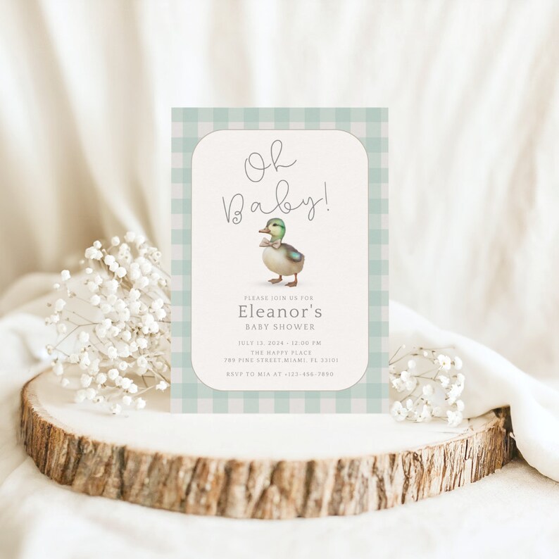 Editable Mallard Duck Boy Baby Shower Invitation Template, Green Gingham Duck Baby Shower Invite, Printable Duck Baby Shower Invite
