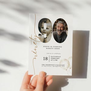 Editable 90th Birthday Invitation with Photo Look Whos 90 Modern Digital Invite for 90 Year Old Milestone Celebration Printable Template