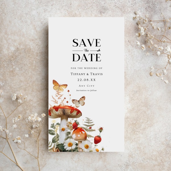 Editable electronic Save the Date Template Download, Boho wildflower wedding save the date , Custom Modern Mushroom wedding save the date