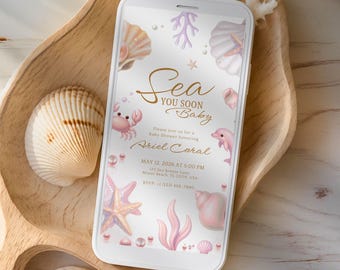 Sea You Soon Baby Shower Evite, Pink Seashell Under the Sea Invitation, Editable Coastal Template for Girl, Instant Digital Download