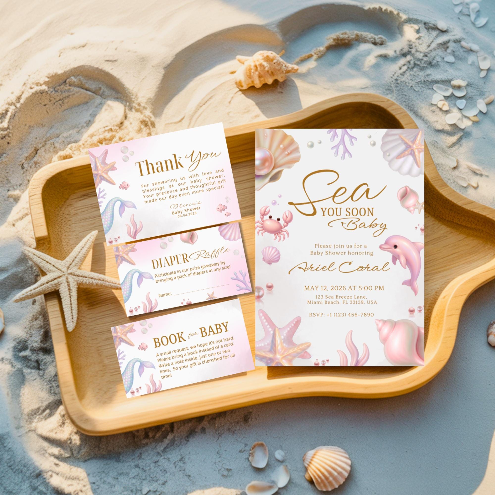 Sea You Soon Baby Shower Bundle, Pink Under the Sea Seashell Invite Set ...