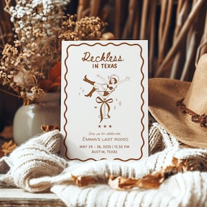 Bearbeitbar Reckless In Texas Bachelorette Party Einladung, Texas Bachelorette Reiseplan, heißes Cowgirl Bach-Thema, handgezeichnete Einladungsvorlage