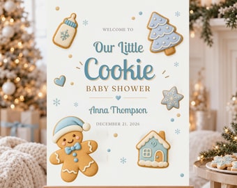 Our Little Cookie Baby Shower Welcome Sign, Blue Gingerbread Boy Christmas Shower Poster, Editable Canva Template
