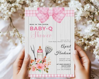 Pink Gingham Baby-Q Shower Invitations: Editable BBQ Template (Digital)