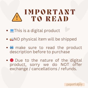 May include: A graphic with a warning sign and text that reads "IMPORTANT TO READ". The text below the heading lists four bullet points with icons. The bullet points explain that the product is digital, no physical item will be shipped, to read the product description before purchasing, and that due to the nature of the digital product, exchanges, cancellations, and refunds are not offered.