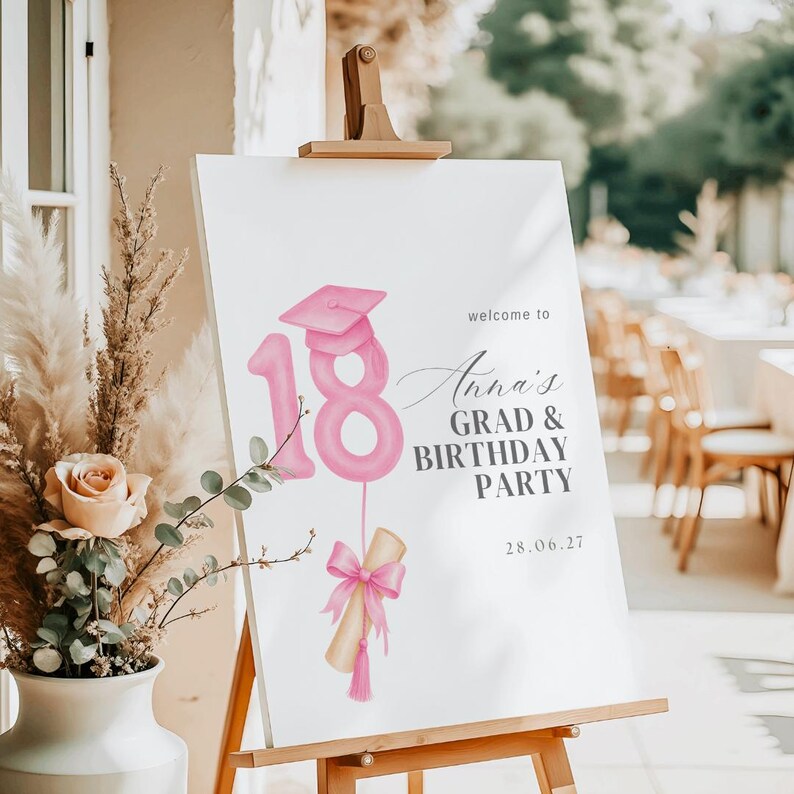 Graduation and 18th Birthday Welcome Sign, Coquette Bow Pink Hat Grad ...