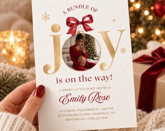 A Bundle of Joy Baby Shower Invitation with Photo, Christmas Red Bow Baby Shower Invite, Editable Canva Template