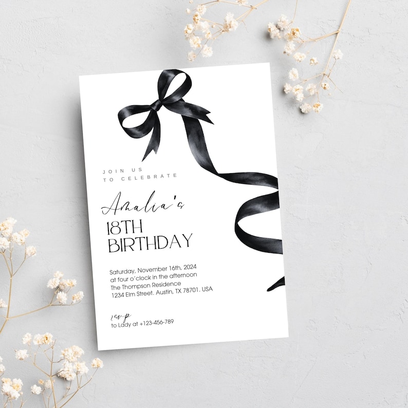 coquette birthday, coquette party, Bow Invite, girls brunch invite, invitation with bow, Bow Theme Birthday, coquette party card, coquette bow design, black ribbon invite, Black White Boho DIY, black and white bow, gifts for girls
