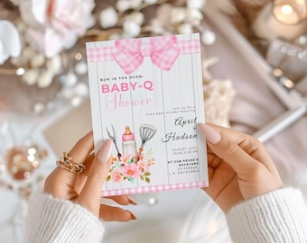 Editable Pink Gingham  Baby-Q Shower Invitation, BBQ Baby Girl Shower Invitation, Baby Shower BBQ BLUSH Pink Gingham Backyard Baby Shower