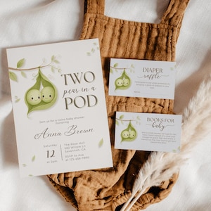 Two Peas In A Pod Baby Shower Invitation Set, Twin Baby Shower Bundle, Green Sweet Pea Twins Theme, Thank You Card, Diapper & Books for Baby