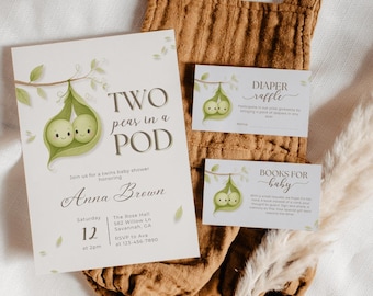 Two Peas In A Pod Baby Shower Invitation Set, Twin Baby Shower Bundle, Green Sweet Pea Twins Theme, Thank You Card, Diapper & Books for Baby