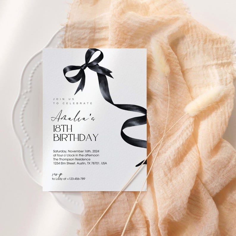 party with black bow, Black Ribbon Invite, Black bow, Black ribbon, invitation with bow, birthday bow, invitation modern, cutie in black, 30th Birthday,flirty with bow, flirty invitation, 40th birthday, black bow birthday