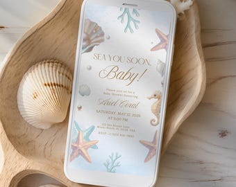 Babyshower-inbjudan "Se dig snart", blå snäckskal under havet, redigerbar kustmall för pojke, omedelbar digital nedladdning