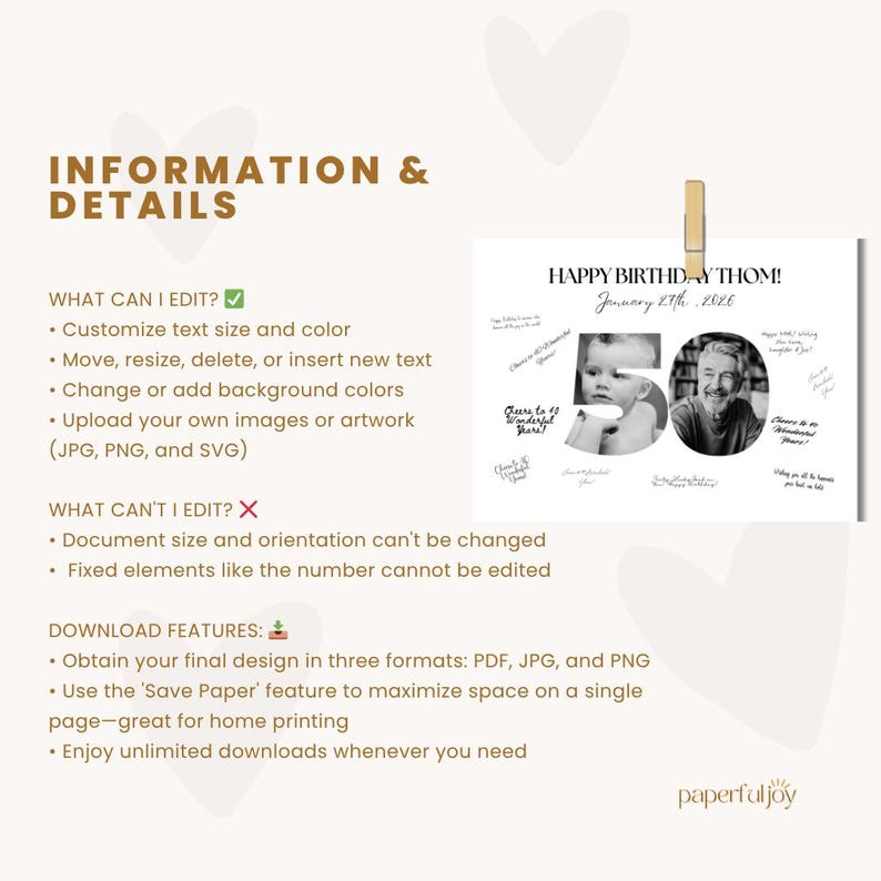 May include: A customizable birthday design with the text "HAPPY BIRTHDAY THOM!" and the date "January 27th, 2026". The design includes photos within the numbers "5" and "0". The image also includes the text "INFORMATION & DETAILS".