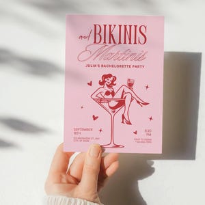Editable Bikini And Martinis Bachelorette Invite, Tinis and Bikinis Bachelorette Party, Pink Hand Drawn Beach Bach Party, Digital Template