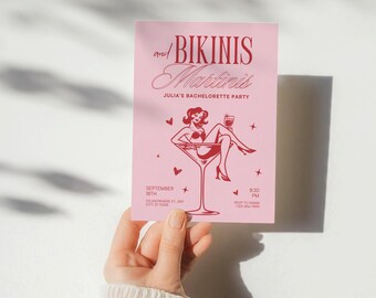 Editable Bikini And Martinis Bachelorette Invite, Tinis and Bikinis Bachelorette Party, Pink Hand Drawn Beach Bach Party, Digital Template
