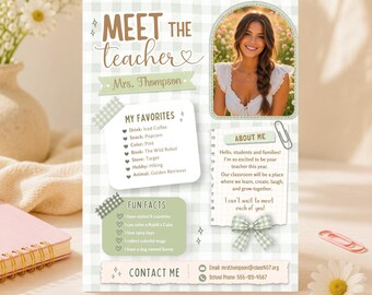 Green Gingham Meet the Teacher Template, Coquette Teacher Introduction Flyer, Editable Canva