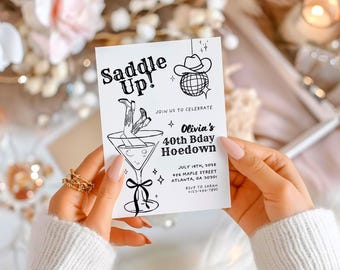 40th Birthday Hoedown Invitation Coquette Cowgirl Martini Theme Black Bow Hand Drawn Western Party Editable Template Rustic Rodeo Design