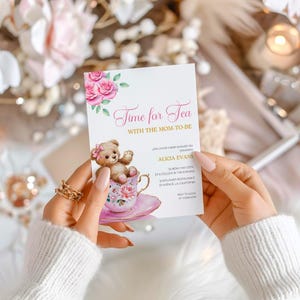 Modèle modifiable d&#39;invitation de baby shower pour le thé, L&#39;heure du thé avec la future maman, Shower de bébé floral à l&#39;heure du thé, Invitation de douche florale rose