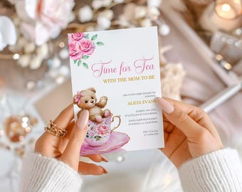 編集可能なティーパーティー ベビーシャワー招待状テンプレート、ママになる人とのお茶の時間、ティータイム フローラル ベビーシャワー、ピンクのフローラル シャワー招待状