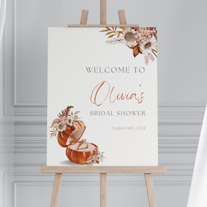 Editable Fall in Love Bridal Shower Welcome Sign, Pumpkin Floral Sign, Autumn Wedding Decor,  Editable Template, Instant Download