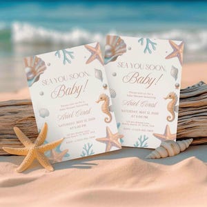 Sea You Soon Baby Shower Invite Under the Sea and Seashell Theme Coastal Beach Design Blue and Beige Boy Colors Summer Editable Template image 3