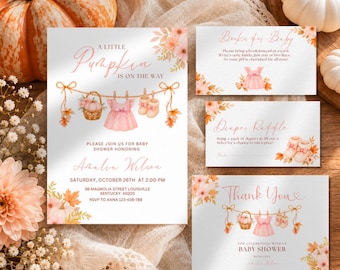 Pink Bow Pumpkin Baby Shower Invitation Suite, Boho Fall Baby Shower Invite for Girl, Canva Template