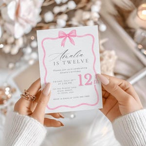 Coquette Pink 12th Birthday Invitation for Tween Girls Blush Ribbon Party Invite Editable Template Girly Twelfth Birthday Celebration